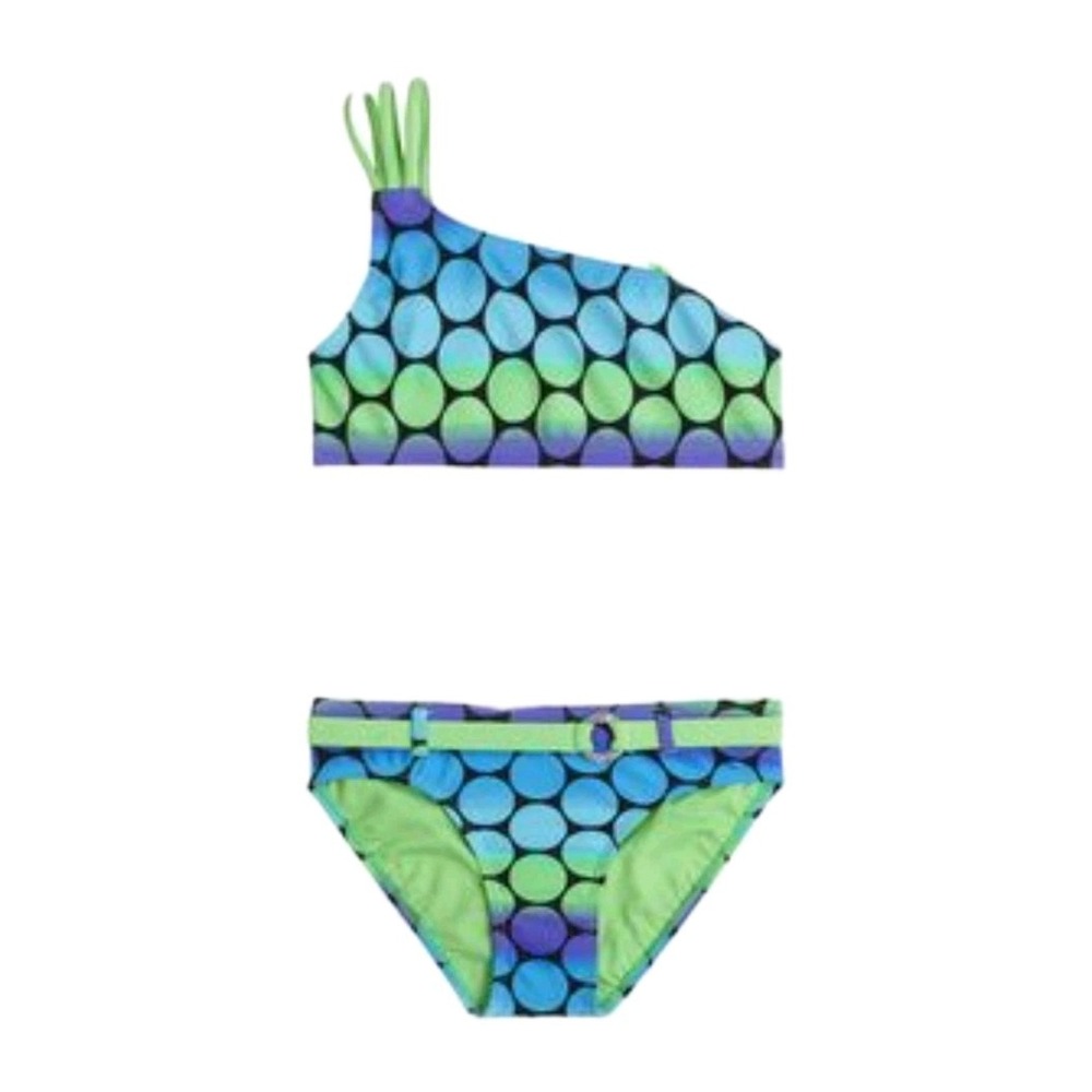 Two Piece Girls Justice Swimsuit Bikini Size 10 Black With Multi Colored Circles